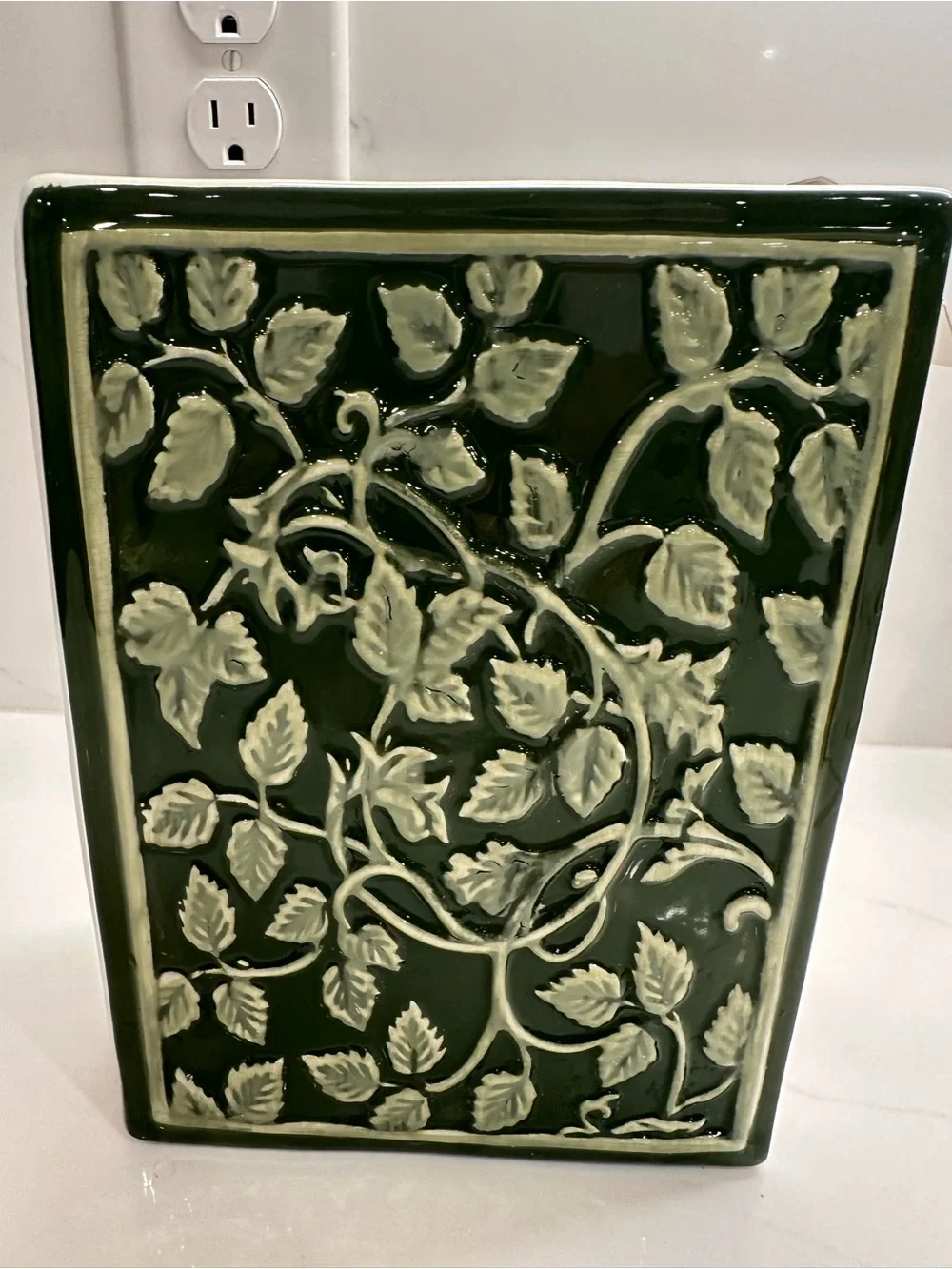 DwellStudio Hand Painted Ceramic Vase Planter Green Ivory Raised Floral 8x6x3